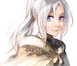  arslan arslan_senki blue_eyes cape character_name hair_between_eyes long_hair male_focus noahxica smile solo white_hair 