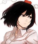  1girl black_hair colored expressionless hat highres looking_away pom_pom_(clothes) red_eyes shameimaru_aya shirt short_hair simple_background sketch solo string terimayo tokin_hat touhou upper_body white_background 