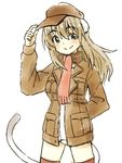  animal_ears blue_eyes blush brown_legwear cat_ears cat_tail cowboy_shot hand_on_headwear hatopoo_(beach7pijon) light_brown_hair long_hair long_sleeves scarf simple_background smile solo tail thighhighs white_background wilma_bishop world_witches_series 