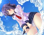  ahoge blush breasts cameltoe kantai_collection long_hair low_twintails medium_breasts panties partially_submerged purple_hair red_eyes see-through shirt skirt smile solo taigei_(kantai_collection) twintails underwear utahane wet wet_clothes wet_panties wet_shirt wet_skirt white_panties 