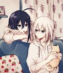  ahoge akita_toushirou bad_id bad_pixiv_id black_hair cat contemporary curtains food food_print highres honebami_toushirou hood hoodie ichigo_hitofuri male_focus multiple_boys namazuo_toushirou photo_(object) pillow pocky purple_eyes shiro_kunugi strawberry_print touken_ranbu white_hair 