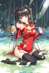  black_hair black_legwear blush breasts china_dress chinese_clothes cleavage detached_sleeves dress hair_ornament holding holding_lantern lantern large_breasts long_hair looking_at_viewer open_mouth original paper_lantern red_eyes sitting smile solo sousouman twintails very_long_hair 