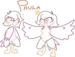  :d anthro avian brown_hair claws clothed clothing cute english_text excited eyewear female glasses hair half-dressed harpy multiple_scenes nervous nude paula pink_eyes solo text the_weaver topless wings 