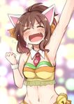  ^_^ animal_ears arm_up bell brown_hair cat_ears closed_eyes fang idolmaster idolmaster_cinderella_girls maekawa_miku midriff mukunoki_nanatsu navel open_mouth ponytail short_hair solo 