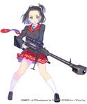  1girl anti-materiel_rifle arm_ribbon bipod black_hair blazer blue_eyes blush bolt_action breasts buttons collared_shirt commentary_request company_name enkyo_yuuichirou full_body glint gun half_updo highres holding holding_gun holding_weapon jacket jewelry kneehighs legs_apart loafers long_sleeves looking_at_viewer magatama muzzle_device necklace official_art pleated_skirt red_skirt ribbon rifle school_uniform scope shirt shoes shooting_girl short_hair simple_background skirt small_breasts sniper_rifle socks solo takamagahara_kakeru_(shooting_girl) trigger_discipline weapon white_background white_socks zastava_m93_black_arrow 