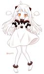  :i ahoge barefoot dress full_body hands_on_own_face horns kantai_collection migu_(migmig) mittens northern_ocean_hime pout shinkaisei-kan simple_background sleeveless sleeveless_dress solo twitter_username white_background white_dress white_hair 
