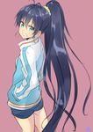  antenna_hair black_hair blue_eyes earrings from_behind ganaha_hibiki green_eyes grin hands_in_pockets idolmaster idolmaster_(classic) isshiki_(ffmania7) jacket jewelry long_hair long_sleeves looking_at_viewer looking_back pink_background ponytail scrunchie short_shorts shorts sketch smile solo track_jacket very_long_hair 