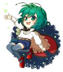  adapted_costume alternate_costume antennae belt blue_legwear bow cape chibi embellished_costume full_body green_eyes green_hair kuronohana long_sleeves looking_at_viewer mary_janes open_mouth shoes short_hair shorts simple_background smile solo thighhighs touhou white_background wriggle_nightbug 