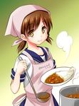  apron brown_eyes brown_hair curry curry_rice food gradient gradient_background kakiko kantai_collection ladle pot rice school_uniform shirayuki_(kantai_collection) smile solo standing 