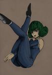  alternate_costume bad_id bad_pixiv_id bare_shoulders bodystocking curly_hair detached_sleeves flats full_body green_eyes green_hair highres legs_up light_smile lips looking_at_viewer one-punch_man revision short_hair sitting solo striped tatsumaki the_golden_smurf v_arms vertical_stripes 