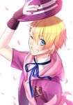  blonde_hair blue_eyes earrings fang grin hair_ornament hairclip hat jewelry kurusu_shou male_focus one_eye_closed removing_hat ribbon smile solo tachibana_rintarou uta_no_prince-sama 