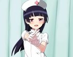  :d adjusting_clothes adjusting_gloves alternate_costume artist_request bangs black_hair blue blunt_bangs blush breasts buttons curtains foreshortening gloves gokou_ruri hands hat hime_cut indoors latex latex_gloves long_hair looking_at_viewer mole mole_under_eye naughty_face nurse nurse_cap open_mouth ore_no_imouto_ga_konna_ni_kawaii_wake_ga_nai outstretched_arm pink_eyes red_cross short_sleeves small_breasts smile solo turtleneck upper_body white_gloves 