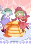  backpack bag blue_eyes blue_hair bow closed_eyes dress food fork frills front_ponytail fruit green_hair hair_bobbles hair_bow hair_ornament hair_ribbon hat kagiyama_hina kanno_fumiroku kawashiro_nitori long_hair minigirl multiple_girls open_mouth pancake ribbon short_hair smile strawberry tongue tongue_out touhou two_side_up 