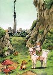  canvas_(medium) cape cliff colorized fantasy goat gouache_(medium) grass highres holding horns kirisawa_juuzou moss mushroom no_humans original riding rock saddle tokyo_sky_tree traditional_media 