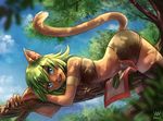  2015 animal_ears armband bandeau blue_eyes blue_sky cat_ears cat_tail claws dappled_sunlight dark_skin day ecaflip freckles green_hair grin in_tree lying maxa' midriff on_stomach outdoors short_hair sky smile solo sunlight tail thighhighs tree tree_branch wakfu 
