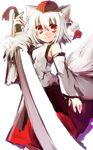  animal_ears bare_shoulders detached_sleeves hat highres inubashiri_momiji red_eyes solo sword tail tokin_hat toufukin touhou weapon white_background white_hair wolf_ears wolf_tail 
