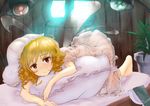 :&lt; all_fours ass barefoot blonde_hair blush drill_hair fairy_wings looking_at_viewer luna_child lying nightgown on_bed on_stomach pillow polpol puffy_sleeves red_eyes see-through short_hair short_sleeves solo sunlight touhou wings 