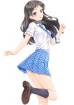  black_eyes black_hair idolmaster idolmaster_million_live! kitazawa_shiho long_hair miri_(ago550421) necktie open_mouth plaid plaid_skirt rough_time_school school_uniform skirt solo 