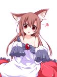  ? animal_ears asn_s breasts brooch brown_hair clothes_down fang highres imaizumi_kagerou jewelry long_hair looking_at_viewer off_shoulder oversized_clothes red_eyes red_skirt sitting skirt skirt_set sleeves_past_wrists small_breasts solo tail touhou wide_sleeves wolf_ears wolf_girl wolf_tail younger 