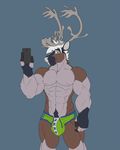  2015 abs anthro antlers biceps big_muscles big_penis black_fur brown_fur chest_tuft clothed clothing fur green_eyes grey_fur grey_hair hair half-dressed hooves horn looking_at_viewer male mammal mnty mnty_(character) muscles nipples pecs penis phone pose selfie smile solo standing topless tuft underwear 