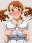  after_paizuri anjou_naruko ano_hi_mita_hana_no_namae_wo_bokutachi_wa_mada_shiranai. blush breasts brown_eyes buttons cleavage cum cum_on_body cum_on_breasts cum_on_upper_body earrings grey_background hair_ornament igatto jewelry large_breasts looking_at_viewer orange_hair parted_lips shirt simple_background smile solo stud_earrings twintails upper_body white_shirt 