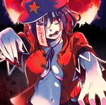  album_cover beret breasts cleavage cover fangs full_moon hat jiangshi large_breasts midriff miyako_yoshika moon navel night no_bra ofuda open_clothes open_mouth open_shirt outstretched_arms purple_hair red_eyes shirt solo star touhou upper_body yukataro zombie_pose 