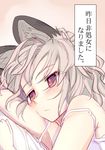  animal_ears blush face gradient gradient_background grey_hair ishikkoro looking_away mouse_ears nazrin red_eyes short_hair sleeveless solo strap_slip text_focus touhou translated 