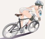  aoi_zero ass back bent_over bicycle bicycle_helmet black_eyes black_hair blush body_writing bottle breasts clothes_writing covered_nipples drinking_straw fingerless_gloves from_side full_body gloves ground_vehicle helmet highleg highleg_leotard highres holding knee_pads kneepits leotard looking_at_viewer looking_back medium_breasts original riding shadow shoes short_hair simple_background sneakers solo sweat tally tongue tongue_out water_bottle white_background 