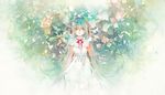  aqua_hair bug butterfly flower green_eyes hair_ribbon hand_up hatsune_miku insect long_hair rei_(456789io) ribbon smile solo traditional_media twintails very_long_hair vocaloid watercolor_(medium) 