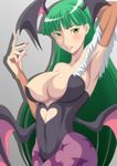  absurdres animal_print arm_up armpits bat_print blush breasts cleavage commentary_request cowboy_shot green_hair head_wings heart_cutout highres igatto large_breasts leotard long_hair looking_at_viewer morrigan_aensland pantyhose parted_lips print_legwear solo standing teeth vampire_(game) wings yellow_eyes 