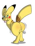  anthro anthrofied anus backsack balls big_butt black_nose blue_eyes blush bow butt fur half-closed_eyes hi_res kingbeast looking_back male mammal nintendo nude pikachu plain_background pok&eacute;mon presenting presenting_hindquarters rodent shaking_butt smile solo standing tongue tongue_out video_games white_background yellow_fur 