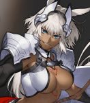  1girl animal_ears azusa_(hws) blue_eyes breasts caenis_(fate) cleavage dark_skin fate/grand_order fate_(series) hair_intakes large_breasts long_hair solo tattoo white_hair 