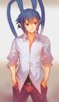  antenna_hair blue_hair cowboy_shot disgaea hands_in_pockets highres laharl male_focus older pointy_ears red_eyes saimon_ma shirt solo 