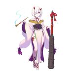  club full_body hair_over_one_eye holding holding_club holding_weapon japanese_clothes kiseru leg_garter long_sleeves nagisa_kurousagi official_art oni oni_(youkai_hyakki-tan!) oni_horns pink_eyes pipe shibari short_hair simple_background smoking spiked_club standing weapon white_background white_hair wide_sleeves youkai_hyakki-tan! 