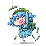  &gt;_&lt; arms_up backpack bag blue_hair boots chibi closed_eyes cucumber flat_cap hanya_(hanya_yashiki) hat heart heart_in_mouth kawashiro_nitori key long_sleeves open_mouth rubber_boots shadow short_hair simple_background skirt skirt_set solo touhou two_side_up white_background 