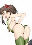  amagi_(kantai_collection) ass bare_shoulders blush boots breasts brown_hair cleavage_cutout flower from_behind from_below gold_eyes hair_flower hair_ornament huge_ass kantai_collection leaning leaning_forward long_hair looking_down mole open_mouth ponytail shiny shiny_skin solo tears thighhighs yellow_eyes 