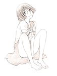  barefoot bob_cut monochrome original school_uniform short_hair sketch solo traditional_media upskirt yoshitomi_akihito 