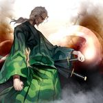  clenched_hand green_kimono hand_on_hilt japanese_clothes katana kimono konpaku_youki konpaku_youki_(ghost) long_hair looking_at_viewer low_ponytail male_focus old_man red_eyes sash scar silver_hair solo sword touhou uu_uu_zan weapon wide_sleeves yukata 