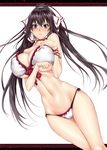  bad_id bad_pixiv_id bikini black_eyes black_hair blush bracelet breasts brown_hair choker cleavage covered_nipples curvy hair_ribbon hand_on_own_chest highres huge_breasts infinite_stratos jewelry long_hair looking_at_viewer navel ponytail ribbon shinonono_houki solo split_ponytail strap_gap string_bikini swimsuit underboob white_background white_bikini wide_hips zucchini 