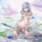 artist_request breasts cleavage final_fantasy final_fantasy_xiv halberd hood hyur lavender_eyes navel partially_submerged polearm pond revealing_clothes silver_hair small_breasts solo water weapon wet wet_hair 