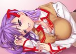  breasts cleavage fate/stay_night fate_(series) gradient gradient_background hair_ribbon homurahara_academy_uniform large_breasts long_sleeves looking_at_viewer lying matou_sakura matsuryuu on_side open_clothes open_shirt parted_lips purple_eyes purple_hair red_ribbon ribbon school_uniform shirt smile solo vest 
