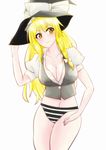  blonde_hair blush bow braid breasts cleavage collarbone hat hat_bow highres kirisame_marisa long_hair navel panties shumichi side_braid solo striped striped_panties touhou underwear witch_hat yellow_eyes 