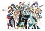  5girls alternate_costume aqua_eyes armpits blonde_hair blue_eyes blue_hair brown_hair detached_sleeves exit_tunes fan full_body gackpoid_(vocaloid3) goggles green_eyes green_hair gumi hair_ornament hair_ribbon hairclip hatsune_miku headset kagamine_len kagamine_rin kaito kamui_gakupo kanzaki_hiro long_hair megurine_luka meiko multiple_boys multiple_girls necktie pink_hair purple_eyes purple_hair ribbon short_hair shorts skirt thighhighs transparent_background twintails very_long_hair vocaloid zettai_ryouiki 