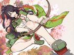  arrow black_hair blue_eyes bow_(weapon) crop_top floral_background furisode hair_ribbon highres japanese_clothes jitome kantai_collection kariinu katsuragi_(kantai_collection) kimono long_hair looking_at_viewer midriff no_panties open_mouth pleated_skirt ponytail quiver remodel_(kantai_collection) ribbon skirt smile solo weapon 