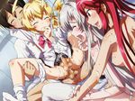  2boys 2girls anal androgynous bisexual blonde_hair blue_eyes blush bottomless censored crossdressing cthugha_(nyaruko-san) cum cum_on_body cum_on_hair cum_while_penetrated ejaculation eyes_closed feet finger_to_mouth green_eyes haiyore!_nyaruko-san hastur_(nyaruko-san) held_up long_hair masturbation multiple_boys multiple_girls no_shoes nyarlathotep_(nyaruko-san) open_mouth panties panties_around_leg penis red_eyes red_hair same sex silver_hair skirt skirt_lift socks spread_legs tears thighhighs trap underwear white_legwear yasaka_mahiro 