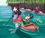  animal_ears beamed_eighth_notes blue_hair blush boat bow brooch brown_hair cape closed_eyes dress eighth_note fishing fishing_rod frilled_dress frills grass_root_youkai_network hair_bow head_fins high_collar imaizumi_kagerou japanese_clothes jewelry kimono long_hair long_sleeves mermaid monster_girl multiple_girls music musical_note open_mouth outdoors red_hair sekibanki shoes short_hair singing street_dog touhou tree wakasagihime water watercraft wide_sleeves wolf_ears 