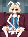  1boy 4shi animal_ears bare_arms bare_shoulders black-framed_glasses black_panties blonde_hair blush bulge bunny_ears collarbone couch crossdressing dress dress_lift fake_animal_ears frilled_dress frills gatchaman_crowds glasses green_eyes hairband holding laces light_smile looking_at_viewer ninomiya_rui panties panty_peek pillow short_hair sitting skirt_hold sleeveless smile solo spread_legs striped striped_dress tattoo trap underwear wig 