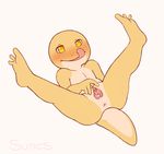  3_toes amber_eyes amphibian anthro anus blush casey chatfleur consort female hairless hindpaw homestuck lying ms_paint_adventures naughty_face nude on_back paws plain_background pussy salamander smile solo spread_legs spreading text toes tongue white_background yellow_body 
