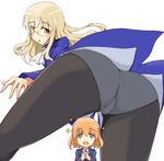  2girls :d :o amelie_planchard ass bent_over black_legwear blonde_hair cravat eyebrows from_behind glasses green_eyes hands_clasped isosceles_triangle_(xyzxyzxyz) long_hair long_sleeves looking_back military military_uniform multiple_girls open_mouth orange_hair own_hands_together panties panties_under_pantyhose pantyhose perrine_h_clostermann simple_background smile sparkle strike_witches underwear uniform white_background white_panties world_witches_series yellow_eyes 