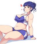  :&gt; bad_id bad_tumblr_id blue_hair blush breasts cleavage hair_bun highres large_breasts looking_at_viewer moisture_(chichi) navel nikuko_(galko) open_mouth oshiete!_galko-chan plump simple_background sitting smile solo sportswear sweat white_background wristband yellow_eyes 